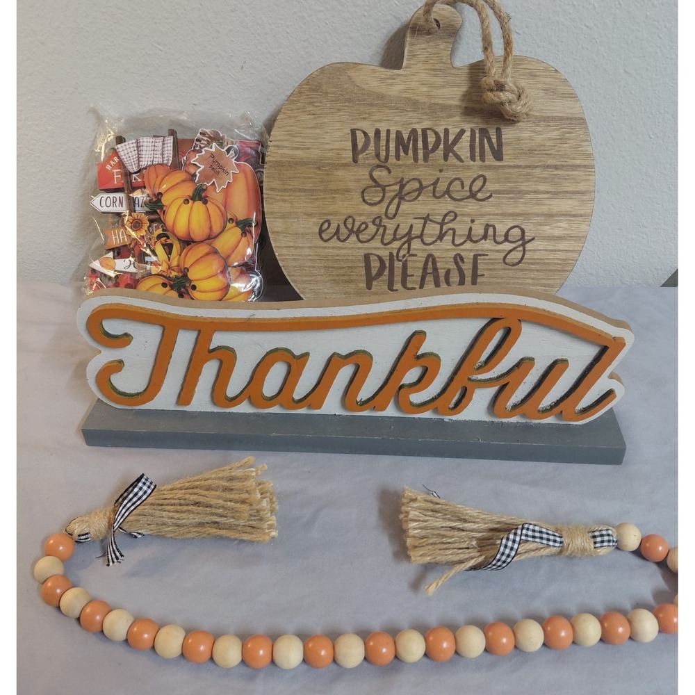 Fall Thanksgiving Decor Lot Pumpkin Spice Sign Thankful Wood Bead Garland Tiered